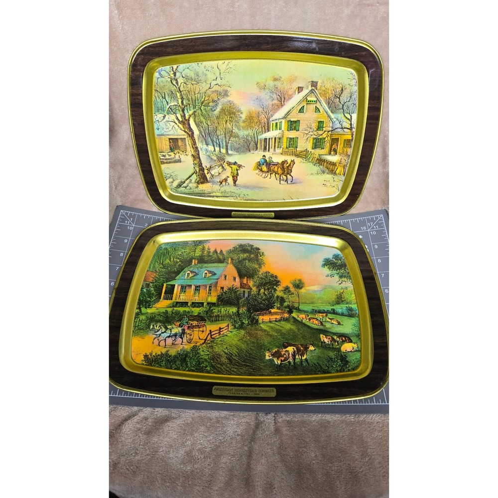 Vintage Currier & Ives American Homestead Metal Trays Summer Winter Set of 2
